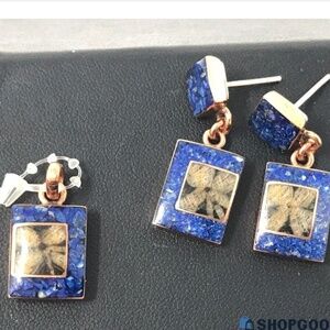 Blue Lapis Lazuli copper sterling pendant earrings Vintage set Chile flower